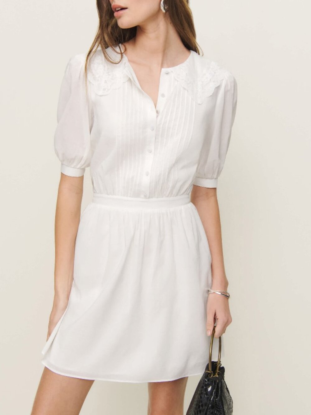 New Reformation Kairos Lace Collar Viscose Cotton Mini Dress White 2 $248
